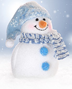 Winter background with a snowman, snow and snowflakes
